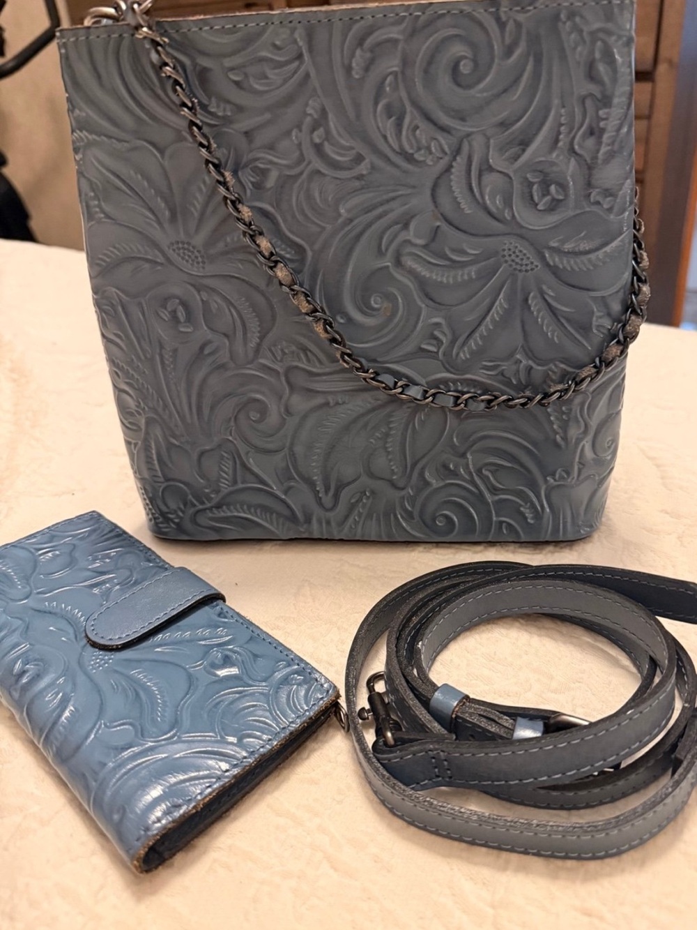 Patricia Nash Embossed Floral Leather Crossbody in Dusty Blue and Slate